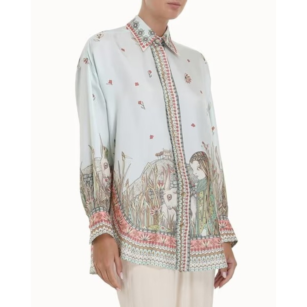 Zimmermann Pale Blue Printed Silk Button-Up Blouse with Pink & Green Border